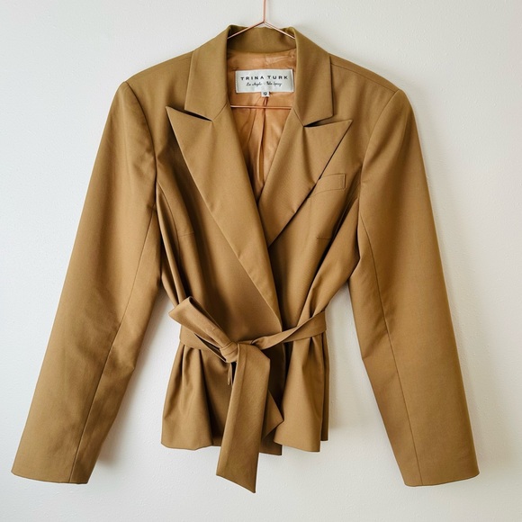 Vintage Trina Turk tan long sleeve tie waist single breasted blazer jacket - Picture 5 of 7